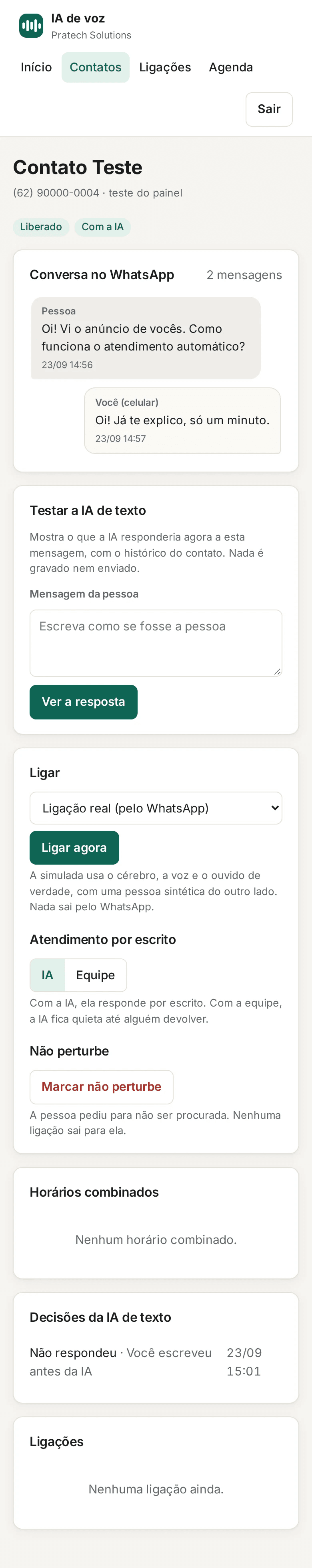 Painel da IA de voz no celular: a ficha de um contato de teste com a conversa do WhatsApp