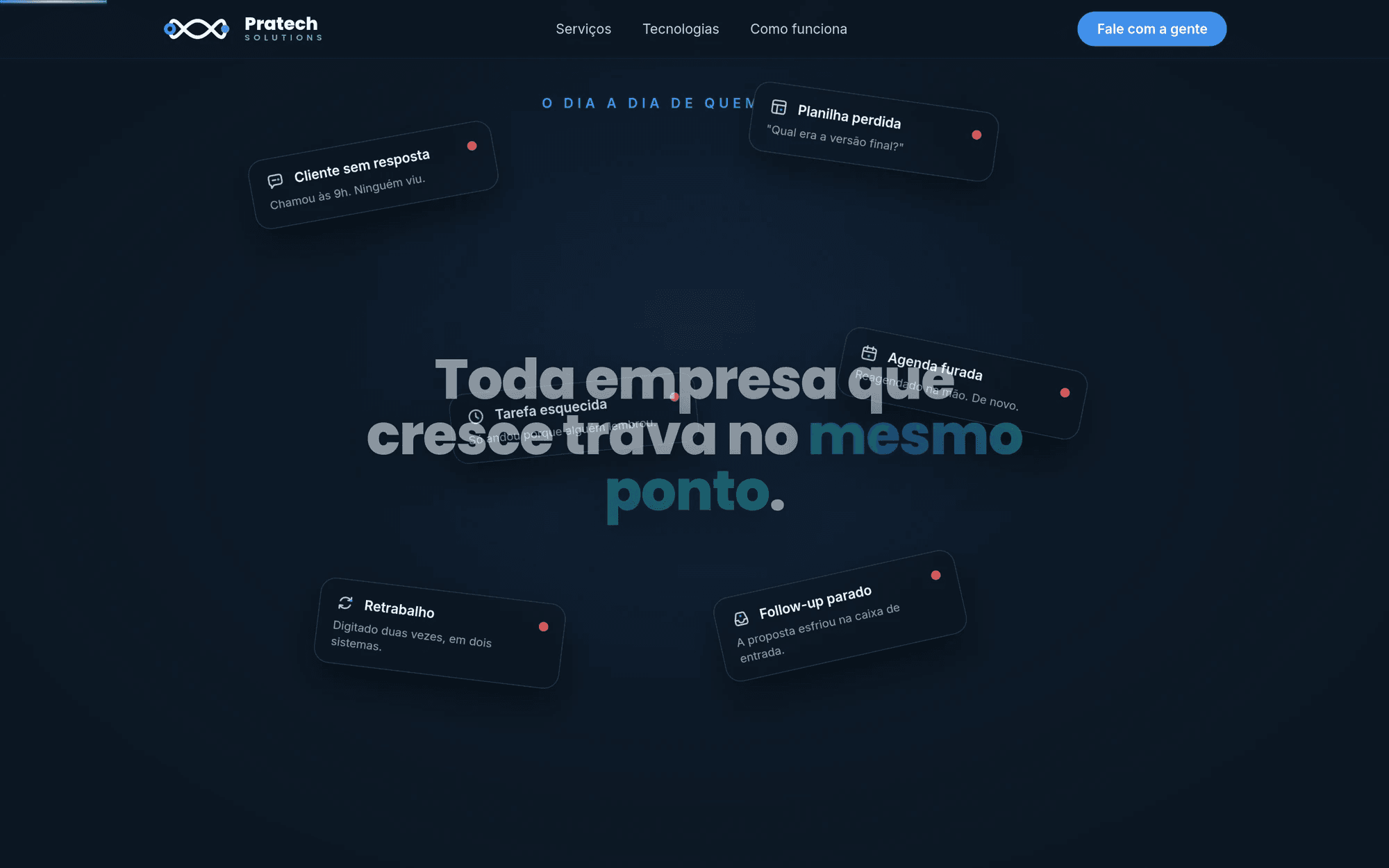 Site da Pratech: a frase Toda empresa que cresce trava no mesmo ponto, cercada de cartões com problemas do dia a dia